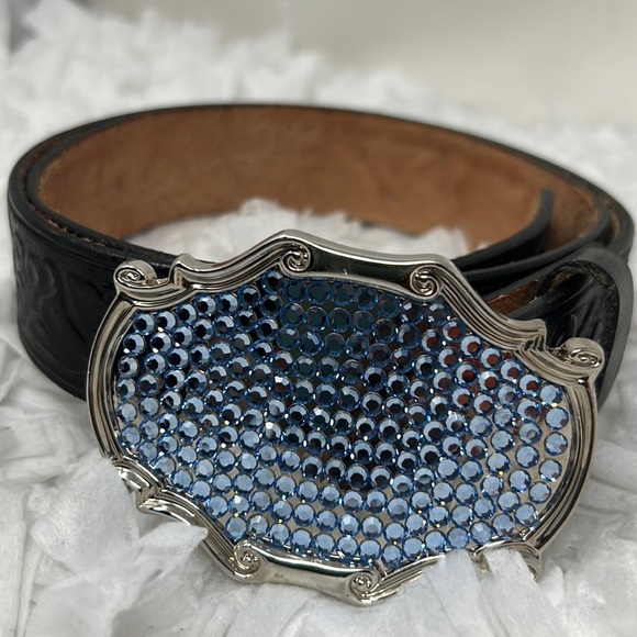 Leatherock Inc Blue Rhinestone Western Leather Belt Black Embossed tooled Belt main image 6